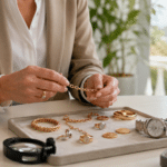 Bijoux anciens, chaînes, bagues, pièces et montre examinés avant estimation au comptoir AOV de Conflans-Sainte-Honorine.