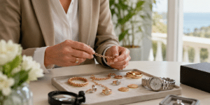 Bijoux anciens, chaînes, bagues, pièces et montre examinés avant estimation au comptoir AOV de Conflans-Sainte-Honorine.